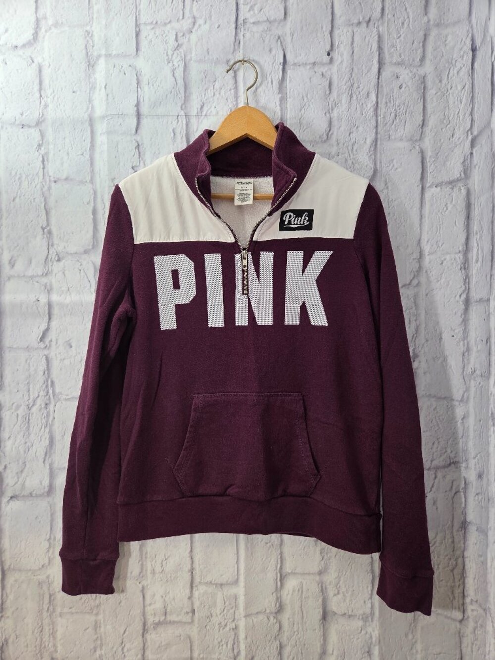 PINK Victoria's Secret Medium Maroon White Logo Quarter Zip Pullover Jacket